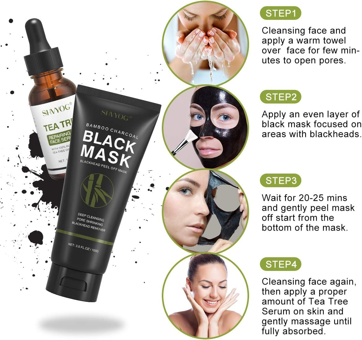 Masque De Points Noirs Masque Peel off Blackhead Remover Au Charbon Dissolvant Les Points Noirs Avec Sérum Arbre À Thé, Nettoyage En Profondeur Purifiant, Acné, Rétrécissement Des Pores(100G+30Ml)