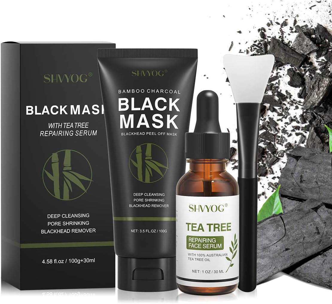 Masque De Points Noirs Masque Peel off Blackhead Remover Au Charbon Dissolvant Les Points Noirs Avec Sérum Arbre À Thé, Nettoyage En Profondeur Purifiant, Acné, Rétrécissement Des Pores(100G+30Ml)