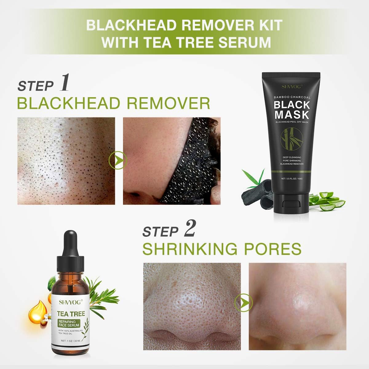 Masque De Points Noirs Masque Peel off Blackhead Remover Au Charbon Dissolvant Les Points Noirs Avec Sérum Arbre À Thé, Nettoyage En Profondeur Purifiant, Acné, Rétrécissement Des Pores(100G+30Ml)
