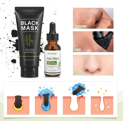 Masque De Points Noirs Masque Peel off Blackhead Remover Au Charbon Dissolvant Les Points Noirs Avec Sérum Arbre À Thé, Nettoyage En Profondeur Purifiant, Acné, Rétrécissement Des Pores(100G+30Ml)